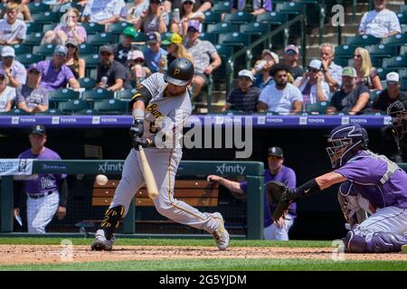 Atlanta, United States. 12th June, 2022. Pittsburgh Pirates catcher Michael  Perez (5) reacts after striking out during a MLB regular season game  against the Pittsburgh Pirates, Sunday, June 12, 2022, in Atlanta