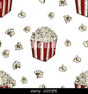 Pop corn and french fries hand drawn seamless pattern. Fast food sketch vector background. Food textile, fabrics and wallpaper seamless texture. Stock Vector