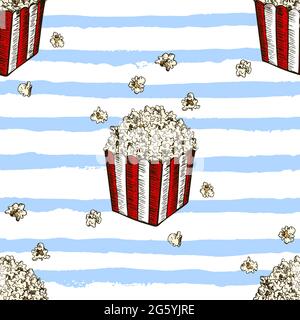 Pop corn and french fries hand drawn seamless pattern. Fast food sketch vector background. Food textile, fabrics and wallpaper seamless texture. Stock Vector