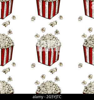 Pop corn and french fries hand drawn seamless pattern. Fast food sketch vector background. Food textile, fabrics and wallpaper seamless texture. Stock Vector