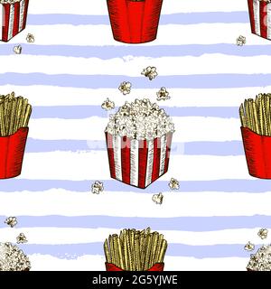 Pop corn and french fries hand drawn seamless pattern. Fast food sketch vector background. Food textile, fabrics and wallpaper seamless texture. Stock Vector