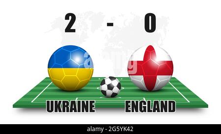 Ukraine vs England . Soccer ball with national flag pattern on perspective football field . Dots world map background . Football match result and scor Stock Vector