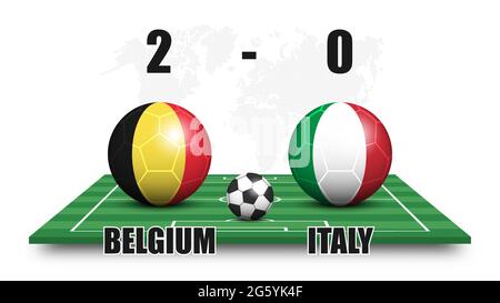 Belgium vs Italy . Soccer ball with national flag pattern on perspective football field . Dotted world map background . Football match result and scor Stock Vector