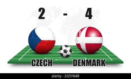 Czech vs Denmark . Soccer ball with national flag pattern on perspective football field . Dotted world map background . Football match result and scor Stock Vector