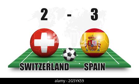 Switzerland vs Spain . Soccer ball with national flag pattern on perspective football field . Dots world map background . Football match result and sc Stock Vector