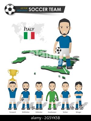 Italy national soccer cup team . Football player with sports jersey stand on perspective field country map and world map . Set of footballer positions Stock Vector