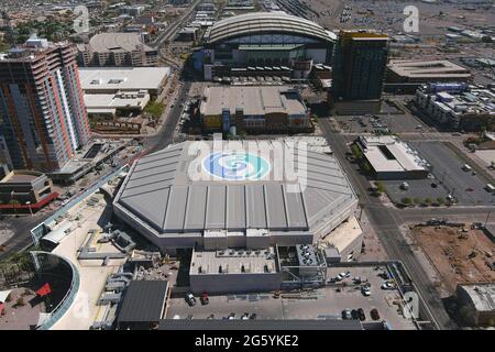 An aerial view of Phoenix Suns Arena (foreground) and Chase Field, Tuesday, March 2, 2021, in Phoenix. Stock Photo