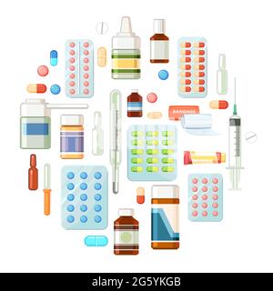 Medicines. Illustration with pills, capsules, thermometer syringe. Medicinal drugs. Pharmaceuticals Ambulance. Pharmacy Isolated on white background. Stock Vector