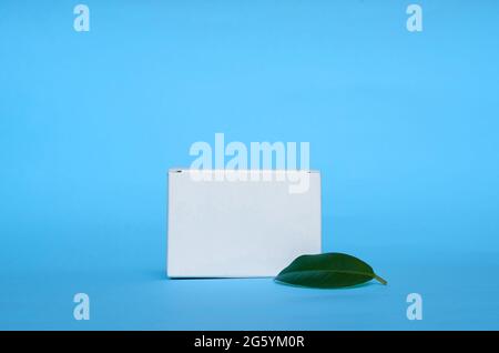 Mock up. A white cardboard box and a green ficus leaf on a blue background Stock Photo