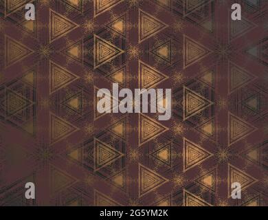 Geometric abstract burgundy with metallic gold tint textured kaleidoscopic hexagonal pattern. Symmetrical luxury ornament for digital paper, wallpaper background, package design. Vector illustration. Stock Vector