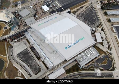 An aerial view of Globe Life Field,  Friday, Jan. 1, 2021, in Arlington, Tex. The stadium is the home of the Texas Rangers. Stock Photo