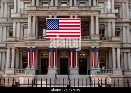 Washington, DC, USA. 30th June, 2021. Pictured: The Executive Office Building, which houses the Office of the Vice President of the United States, is decorated for the celebration of Independence Day. Credit: Allison Bailey/Alamy Live News Stock Photo