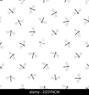 Seamless pattern with dragonfly on white background. Romantic vector illustration. Adorable cartoon character. Template design for invitation, cards Stock Vector