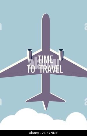 Time to Travel Plane in the sky. Vintage Summer Holiday poster, banner. Vector illustration flat style retro Stock Vector