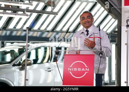 Nissan's Chief Operating Officer Ashwani Gupta announcing that the Japanese car giant is to build a new electric model and huge battery plant in the UK in a massive boost to the automotive industry. Picture date: Thursday July 1, 2021. More than 1,600 jobs will be created in Sunderland and an estimated 4,500 in supply companies under an investment of £1 billion. Stock Photo