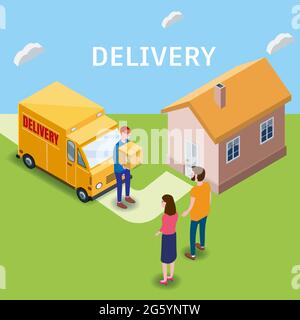 Isometric Express and Delivery. Courier shipping to couple woman and man a cardboard box. Free shipping, product goods 24 hour delivery. Delivery Stock Vector