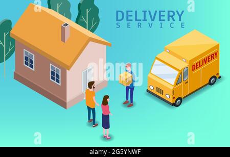 Isometric Express and Delivery. Courier shipping to couple woman and man a cardboard box. Free shipping, product goods 24 hour delivery. Delivery Stock Vector