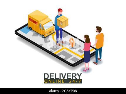 Isometric Fast Express and Delivery. Courier shipping to couple woman and man a cardboard box. Free shipping, product goods 24 hour delivery. Delivery Stock Vector
