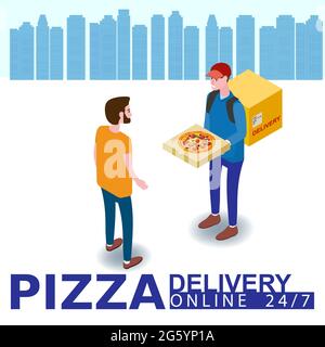 Courier with pizza box shipping to customer man. Pizza Delivery Service Isometric concept. Fast 24 7 shipping, online food order template banner Stock Vector