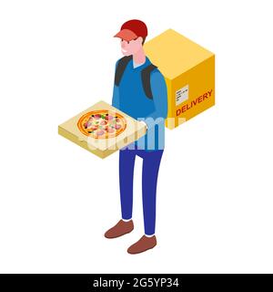 Courier with pizza box. Pizza Delivery Service Isometric concept. Fast 24 7 shipping, online food order template banner. Vector illustration 3d Stock Vector