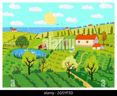 Spring rural landscape farm house, green fields, hills, blooming trees. Countryside panoramic nature, barn, tractor, farmer. flowers. Vector doodle Stock Vector