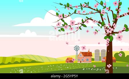 Spring landscape rural countryside, blossom tree, rural nature with farm. Panorama springtime green fields, blue sky. Vector background Stock Vector