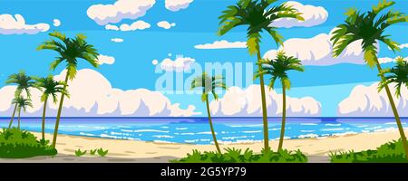 Tropical resort landscape panorama. Sea shore beach, exotic palms, coastline, clouds, sky, summer vacation. Vector illustration cartoon style Stock Vector