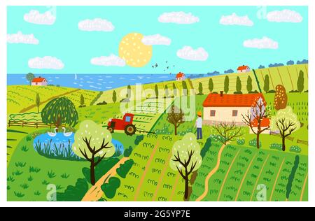 Spring rural landscape farm house, green fields, hills, blooming trees. Countryside panoramic nature, barn, tractor, farmer. flowers. Vector doodle Stock Vector