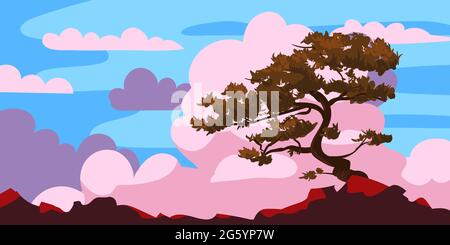 Sunset tree silhouette on a cliff, clouds after rain. Landscape evening panorama horizon, color, distance. Vector illustration cartoon style Stock Vector