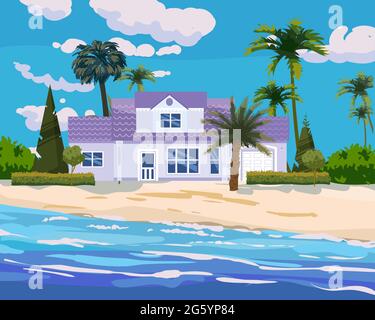 Modern cottage mansion on tropical exotic island coast. Modern villa architecture luxury, ocean, beach, palms and plants, summertime landscape Stock Vector