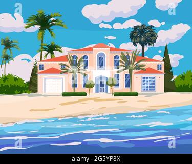 Modern cottage mansion on tropical exotic island coast. Modern villa architecture luxury, ocean, beach, palms and plants, summertime landscape Stock Vector