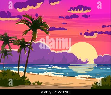 Sunset Ocean Tropical resort landscape. Sea shore beach, sun, exoti csilhouettes palms, coastline, clouds, sky, summer vacation. Vector illustration Stock Vector