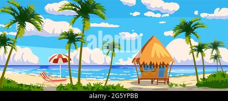Tropical resort wooden Bungalow for rest, vacation. Modern architecture with exotic palms, sea, ocean, island, beach coastline. Seaview summer Stock Vector
