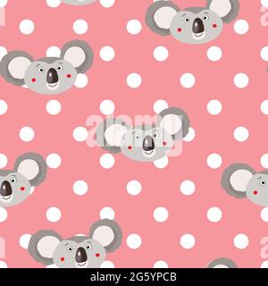 Seamless pattern with cute koala baby and flowers on color polka dots background. Funny australian animals. Card, postcards for kids. Flat vector Stock Vector