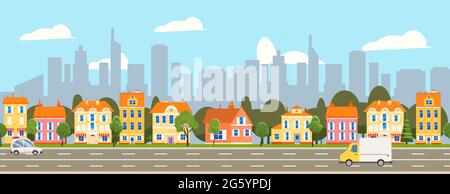 City landscape seamless horizontal illustration. Cityscape skyscrappers, suburban houses, downtown. Vector cartoon style Stock Vector