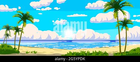 Tropical resort landscape panorama. Sea shore beach, exotic palms, coastline, clouds, sky, summer vacation. Vector illustration cartoon style Stock Vector