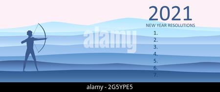 Archer aiming at a target. New Year Resolutions 2021. Landscape hills mountaine silhouette panorama horizon minimal style. Vector minimalist poster Stock Vector