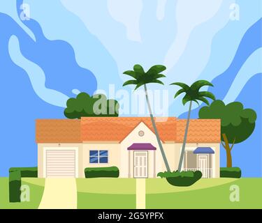 Residential Home Building in landscape tropic trees, palms. House exterior facades front view architecture family cottage house or mansion apartments Stock Vector