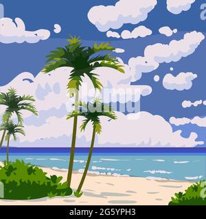 Tropical beach summer resort, seashore sand, palms, waves. Ocean, sea exotical beach landscape, clouds, nature. Vector illustration Stock Vector