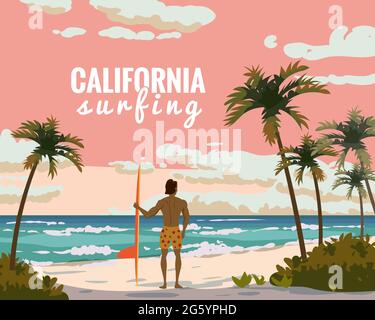 California surfing. Tropical beach summer resort, seashore sand, palms, waves. Surfer van with surfboard. Ocean, sea exotical beach landscape, clouds Stock Vector