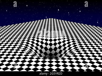 Abstract checkered board background with round pit or hole and corner. Surreal illustration. Stock Vector