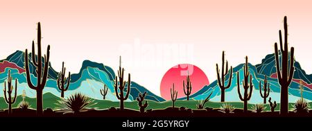 Landscape with various cacti against the backdrop of mountains and the rising sun. Mountains streaked with gold. Сacti with golden outline. Stock Vector