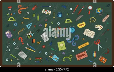 Back to school. Big vector doodle set. Stationery for school, university and office. Hand-drawn school supplies. A set of colored flat icons. Cartoon Stock Vector