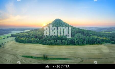 Aerial view of Ostrzyca Proboszczowska - extinct volcano, or rather a volcanic chimney located in Lower Silesia, Poland Stock Photo