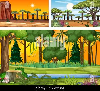 Set of different nature horizontal scenes illustration Stock Vector