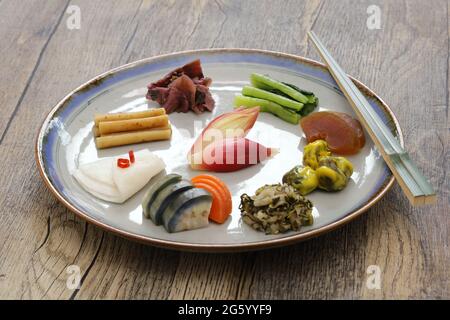 Japanese pickles (Tsukemono) assortment, traditional fermented food Stock Photo