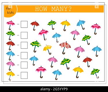 Math game for kids. Count how many umbrellas there are. Vector isolated on a white background. Stock Vector