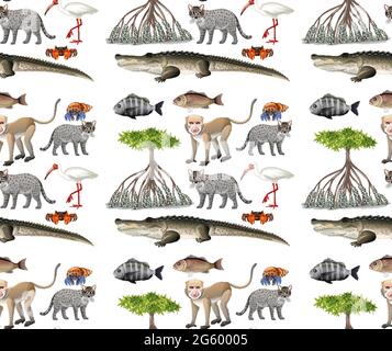 Seamless pattern with various mangrove animals in cartoon style illustration Stock Vector