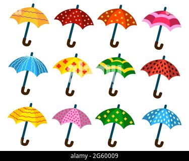 A set of cartoon umbrellas with different patterns. Vector isolated on a white background. Stock Vector
