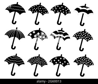 A set of silhouettes of umbrellas with different patterns. Vector isolated on a white background. Stock Vector